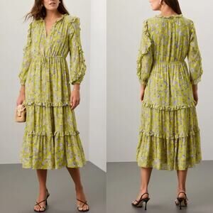 Alexis Auja Dress Floral Print Long Sleeve Ruffle Tiered Midi Cottage Yellow XL
